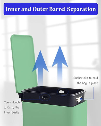 8 Gallon Slim Trash Can with Soft Close Lid, Stainless Steel Trash Can with Removal Inner Bucket, Hand -Free Trash Bin for Kitchen, Office, Laundry, Bathroom, 30 Liter Capacity, Green