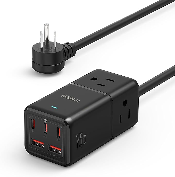NENJI 75W GaN USB-C Super Fast Charging Station, 8-in-1 Power Strip with 5 USB & 3 AC Ports, Smart Charging, Fast PD Charger for iPhone, Samsung, iPad, MacBook – Desktop & Travel-Friendly – Black