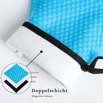 Kitchen Oven Gloves - Dual-Layer Heat Resistant Grilling Gloves, Silicone Oven Mitts with 5 Fingers, Waterproof Non-Slip Pot Holder for Barbecue, Cooking, Baking (Blue, Long)