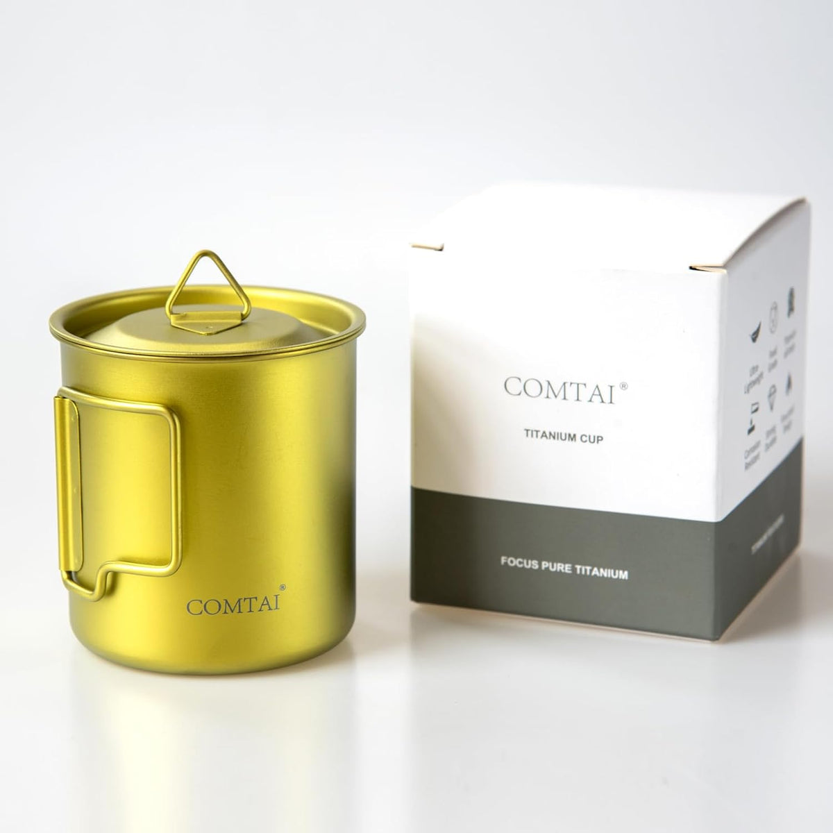 Titanium Camping Pot Mug 15oz (420ml) with Lid and Foldable Handle – Ultralight Camping Cup for Hiking, Backpacking, Outdoor Cooking, Yellow