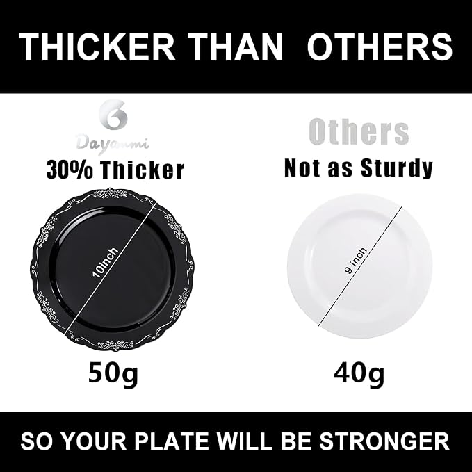 DaYammi 60PCS Black and Silver Plastic Plates, Heavy Duty Black and Silver
