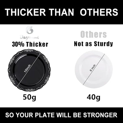 DaYammi 60PCS Black and Silver Plastic Plates, Heavy Duty Black and Silver