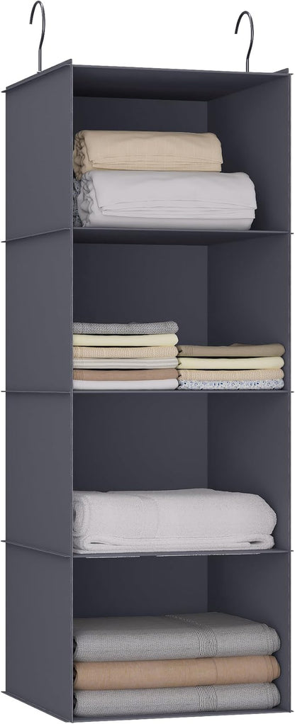 Hanging Closet Organizer, Easy Mount Foldable 4-Shelf Hanging Closet Wardrobe Storage Shelves, Clothes Handbag Shoes Accessories Storage, Washable Oxford Cloth Fabric, Dark Grey