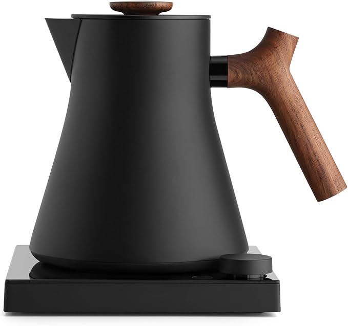 Fellow Corvo EKG Pro Studio Edition Electric Tea Kettle - Quick Heating, Precise Temperature Control, Scheduling, Built-in Brew Timer - Matte Black with Walnut Handle - 0.9 Liter