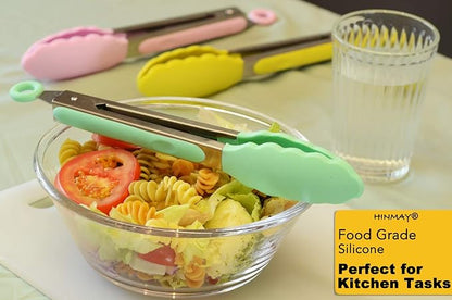 Stainless Steel Kitchen Cooking Tongs with Silicone Tips 9-Inch Serving Tongs, Set of 3 (Mint Pink Yellow)