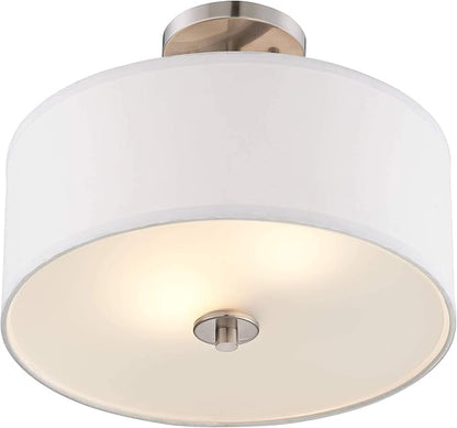 Possini Euro Design Halsted Modern Close to Ceiling Light Semi Flush Mount Fixture 15" Wide Brushed Nickel Silver White Linen Drum Shade for Bedroom Hallway Living Room Dining Room Bathroom Kitchen