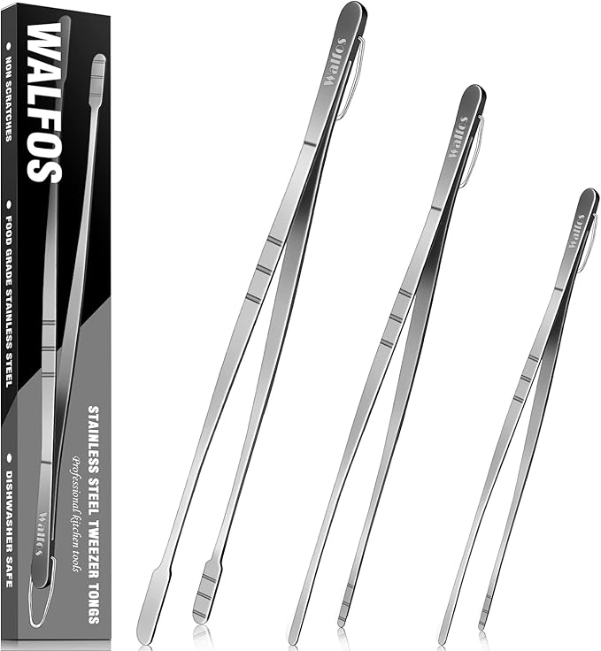 WALFOS Tweezer Tongs for Cooking, Kitchen Tweezers Stainless Steel Pasta Tweezers Tongs for Cooking, Roasting, Grabbing Small Objects, Dessert, BBQ, Spaghetti 3 Pcs (8+10+12-Inch)