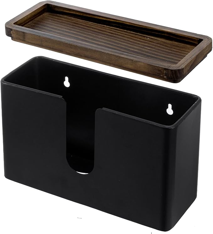 MyGift Deluxe Modern Matte Black Metal Folded Commercial Paper Towel Holder with Rustic Burnt Solid Wood Tray Lid, Wall Mounted Trifold Multifold Z Fold Disposable Napkin Dispenser