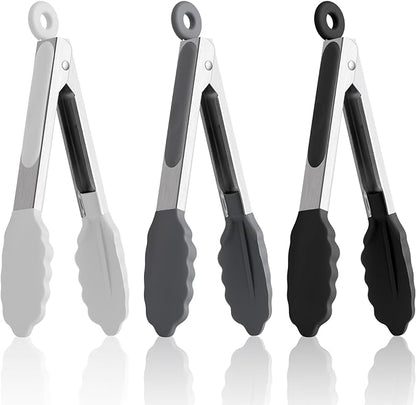 7-Inch Silicone Tongs Pack of 3, Small Tongs with Silicone Tips for Cooking, Barbecue, Buffet Serving (7", Black/Grey/White)