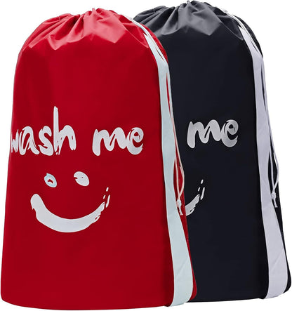 HOMEST 2 Pack XL Wash Me Travel Laundry Bag with Strap, Dirty Garments Organizer, Large Enough to Hold 4 Loads of Clothes, Easy Fit a Hamper or Clothing Basket, Black and Red