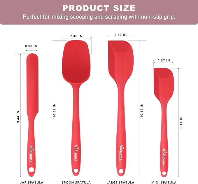 NileHome Silicone Spatula Set, Rubber Spatula High Heat-Resistant Premium BPA-Free One Piece Seamless Design Cooking Spatulas Utensils Set for Kitchen 4Pack(Red)