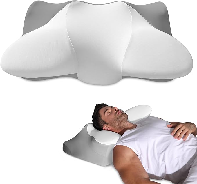 Dual-Height Cervical Neck Pillow for Pain Relief, Memory Foam Pillows with Cooling Tech -3D Ergonomic Support, Cooling Cover, for Side/Back/Stomach Sleeper Pillow, Minimalist Style - Gray,White