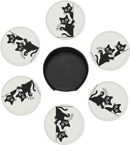 Cute Cats Coasters for Drinks Set of 6, Round Leather Coaster