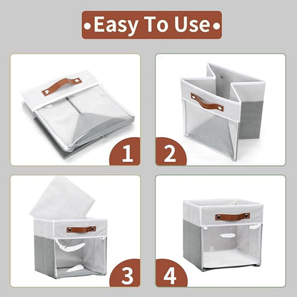 HNZIGE Fabric Cube Storage Bins - 4 Pack 13x15x13 Collapsible Storage Cubes for Organizing Shelves, Closet, Pantry - White, Gray
