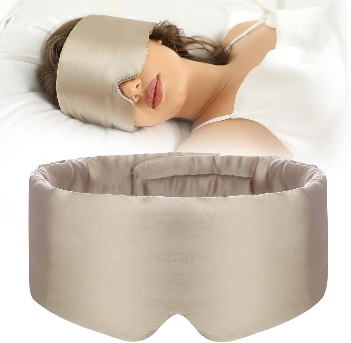 100% Mulberry Silk Sleep Mask Eye Mask for Women Man with Adjustable Band, for Side Sleeper Blackout Sleep Mask for Travel Rest and Office Large Size (Taupe)