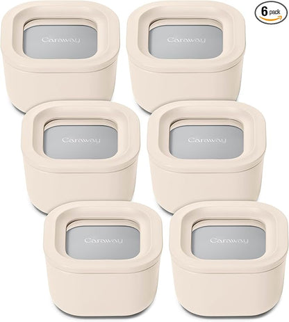 Caraway 6pc Food Storage Container Set - 1.75 Cup Glass Storage Container for Food (6) - Non-Toxic Ceramic-Coated Glass - Air Release Technology - Compact & Stackable Design - Cream