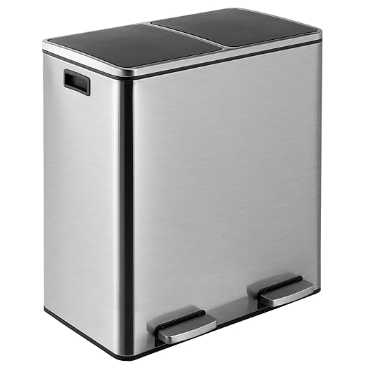 16 Gallon Rectangular Stainless Steel Trash Can, Dual Compartment Garbage Bin with Recycling Combo, Metal Dustbin Lid, Removable Liner, Indoor Hands Free Waste Bucket for Kitchen Home