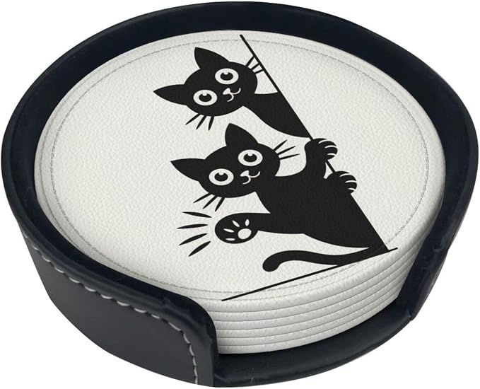 Cute Cats Coasters for Drinks Set of 6, Round Leather Coaster