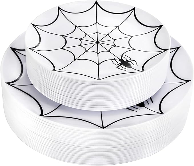 WDF 60Pieces Halloween Plates Disposable Plastic - White and Black with Cobwebs plates Dinnerware include 30PCS 10.25inch and 30PCS 7.5inch Plates for Halloween