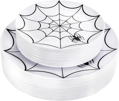 WDF 60Pieces Halloween Plates Disposable Plastic - White and Black with Cobwebs plates Dinnerware include 30PCS 10.25inch and 30PCS 7.5inch Plates for Halloween