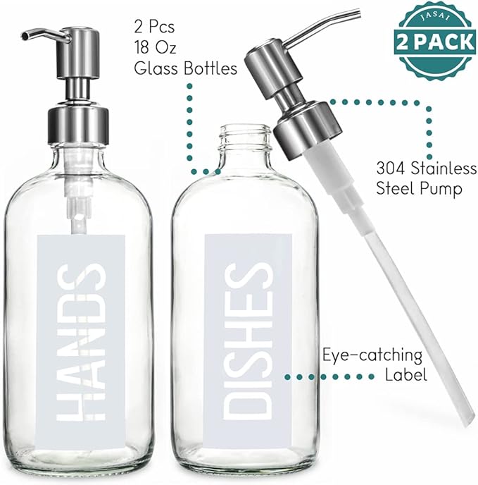 JASAI 2Pack 18OZ Glass Soap Dispenser with Rustproof 304 Stainless Steel Pump, Kitchen Soap Dispenser for Hands & Dishes (White)
