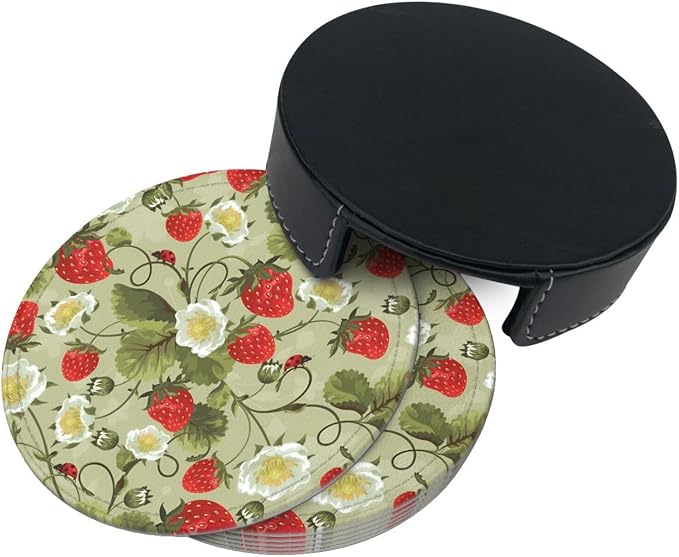 6 Pcs Strawberry Ladybug Leather Coasters