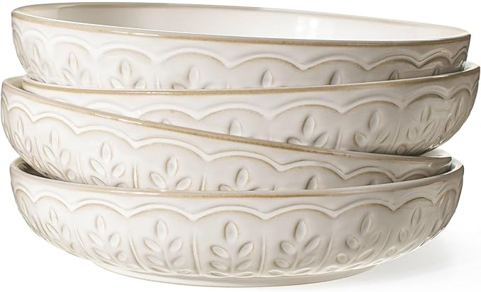 Artena Pasta Bowls, 50oz Large Salad Serving Bowls, 9.75'' Plates Bowls Set of 4, Big White Ceramic Soup Bowls for Kitchen, Embossment Shallow Dinner Bowl, Microwave Dishwasher Safe, Wheat Leaf