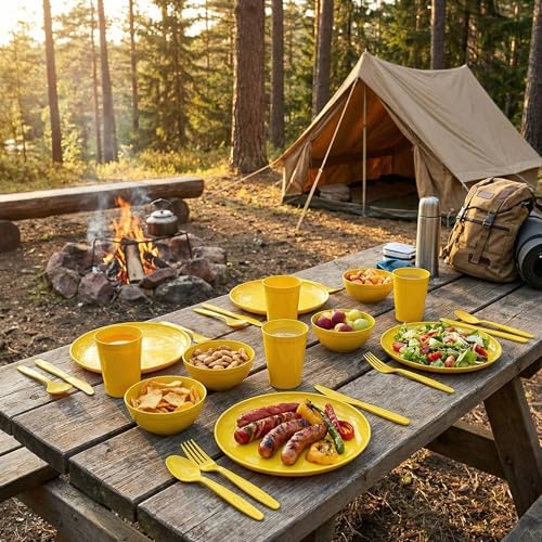 SE 25-Piece Outdoor Dining Set for 4 Persons – BPA-Free Camping Dinnerware Set with Plates, Bowls, Cups, Utensils & Storage Case, Yellow Picnic Tableware Kit - OD-U04-P
