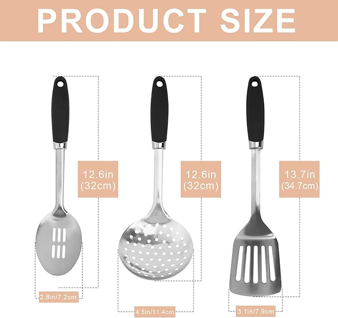 3-Piece Cooking Utensils Set Stainless Steel Large Serving Spoons Set Slotted Spoon Spatula Turner Skimmer Commercial and Residential Use Dishwasher Safe