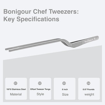 8 Inch Precision Offset Tweezers, Kitchen Culinary Stainless Steel Tongs, Curved Kitchen Cooking Multi-function Chef Precision Tweezer Tongs for Plating, Food Decorating and ect (Silver)