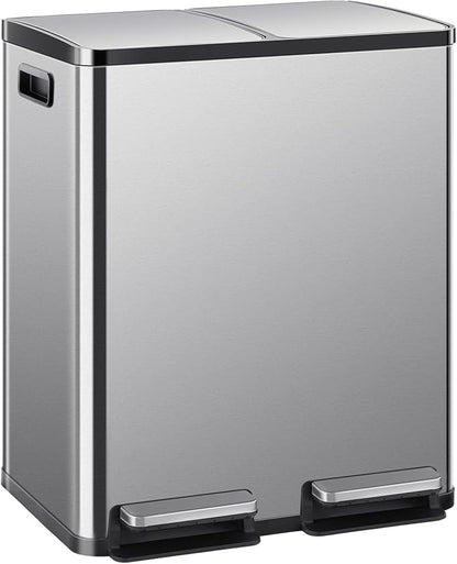 DUMOS Kitchen Trash Can, 2×8-Gallon Garbage Can with Lid, Stainless Steel Trash Bin with 2 Removable Inner Buckets, Soft-Close Foot Pedal, Fingerprint-Resistant for Kitchen Home Office