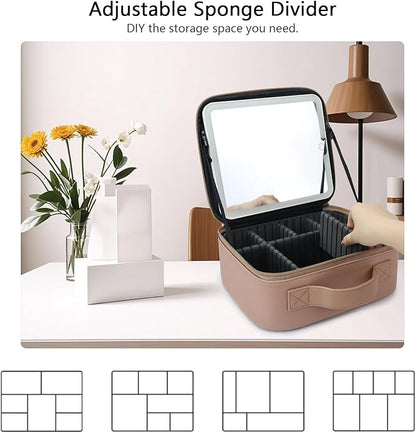 Travel Makeup Bag with LED Mirror Travel Makeup Organizer with 3 Lighted Settings, Adjustable Dividers and Makeup Brush Storage Bag Mocha