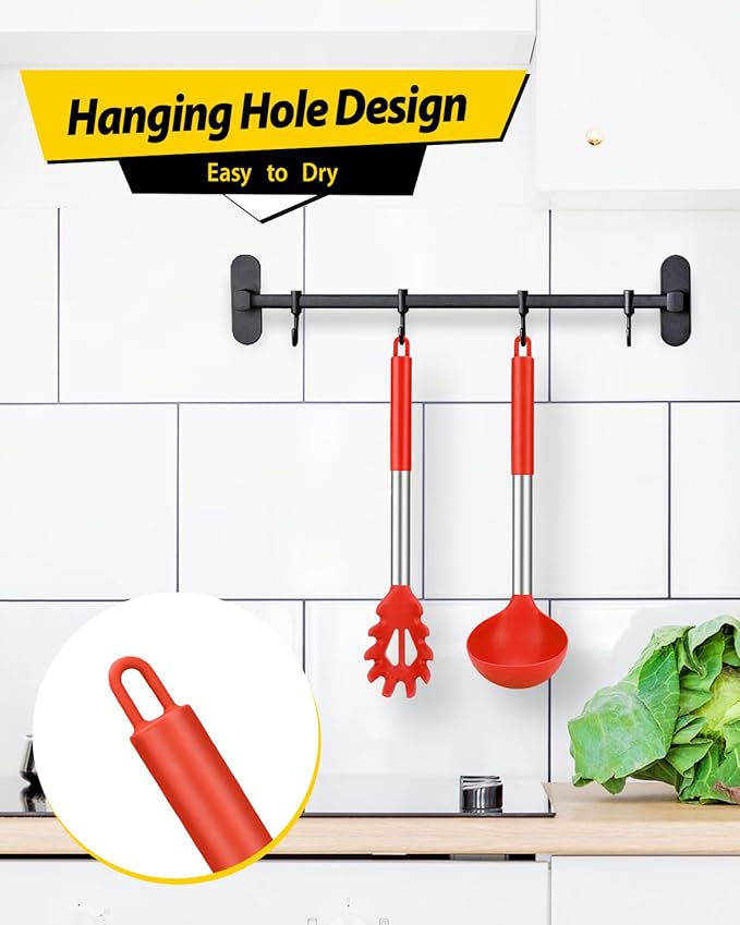 Silicone Pasta Fork and Ladle Spoon Set, Large Non Stick Kitchen Utensils for Cooking,Stirring,Serving Spaghetti, Soup, Sauce (RED)