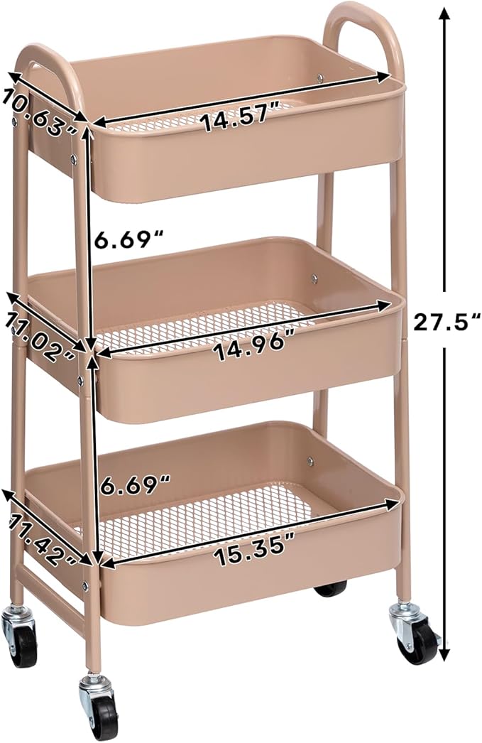 AGTEK Makeup Cart, Movable Rolling Organizer Cart, 3 Tier Metal Utility Cart with Lockable Wheels for Home & Office, Milk Tea
