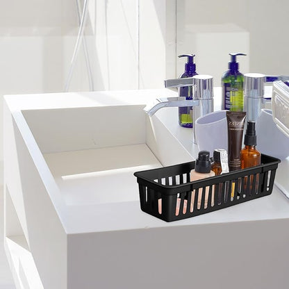 Domensi 24 Pcs Slim Plastic Storage Baskets Tray for Organizing 10.25 x 3.25 x 2.5 Inch Small Storage Bins Stackable Drawer Pencil Trays Holder for Desk Garage Office Containers(Black)