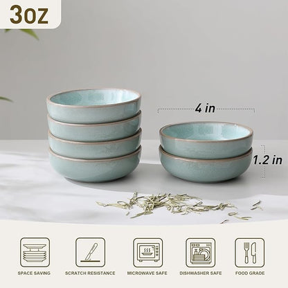 famiware Nature Ceramic Soy Sauce Dish, Dipping Bowls Set of 6, 3 oz Dipping Sauce Bowls/Dishes/Cups/Plates, Small Serving Bowls for Side Dishes, Condiments, Sushi, Appetizer, Dessert, Verdure