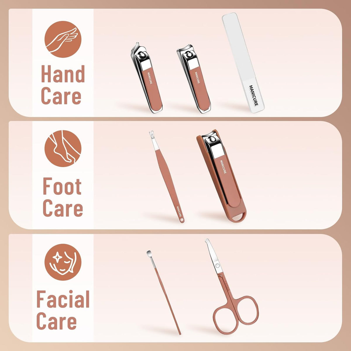 Nail Clippers Set for Men and Women 7 Pieces Stainless Steel Grooming Kits, Fingernail and Toenail Clipper Cutters with Luxurious Travel Case Nail Care Tools Manicure Pedicure Kit, Brown