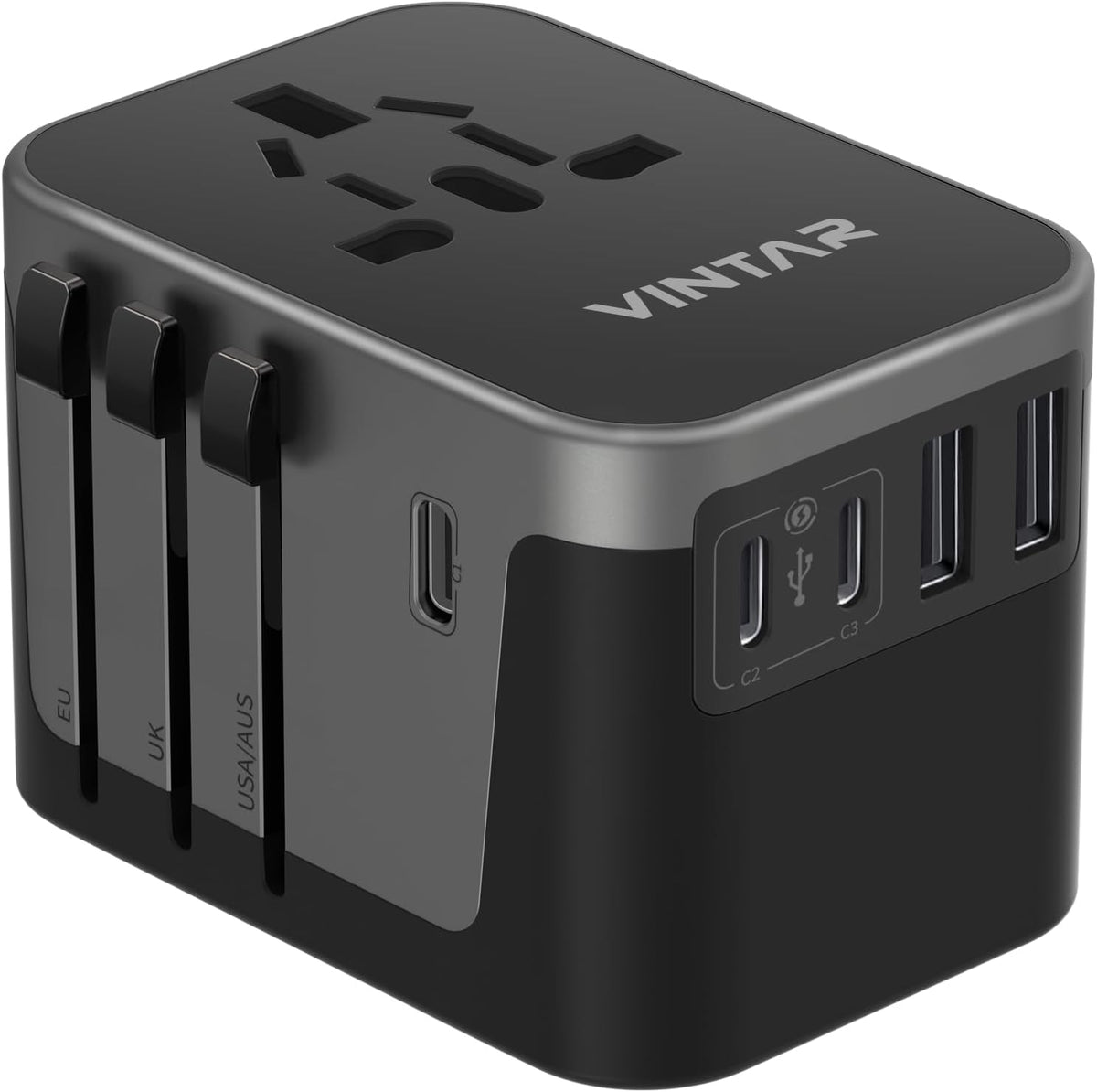 Universal Travel Adapter, VINTAR International Power Adapter with 6A 3 USB C and 2 USB Ports, All in One Travel Essentials Plug Adapter, Worldwide Outlet Converter for Europe UK USA AUS(Type C/G/A/I)