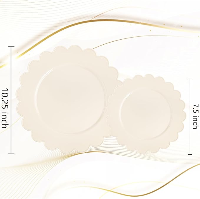100pcs Ivory Plastic Plates Fancy Scalloped Plates