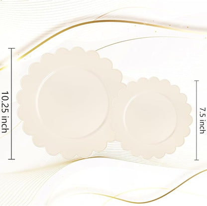 100pcs Ivory Plastic Plates Fancy Scalloped Plates