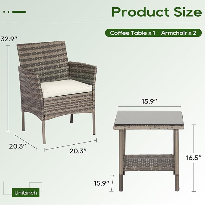 FDW | 3-Piece Patio Furniture Set | Gray & Khaki | Outdoor Wicker Furniture