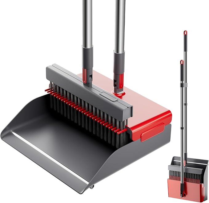 Broom with Dustpan Combo Set 180 Degree Rotating Broom Set with Comb Teeth Upright Standing Dust Pan with Adjustable Long Handle for Home Room Kitchen