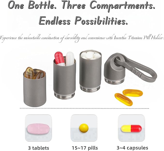 Titanium Keychain Pill Holder - Compact, Durable, and Waterproof 3-Compartment Small Pill Case - Portable and Versatile Medicine Container for Everyday Use and Travel (Titanium Grey)