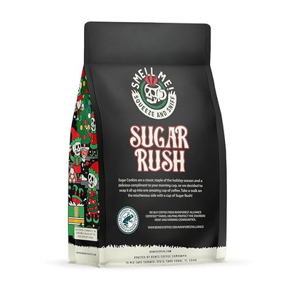 Bones Coffee Company Sugar Rush, Sugar Cookies Flavored Coffee, Medium Roast Low Acid Arabica Beans Compatible with Auto drip and French Press Coffee Maker, 12 Oz Whole Bean