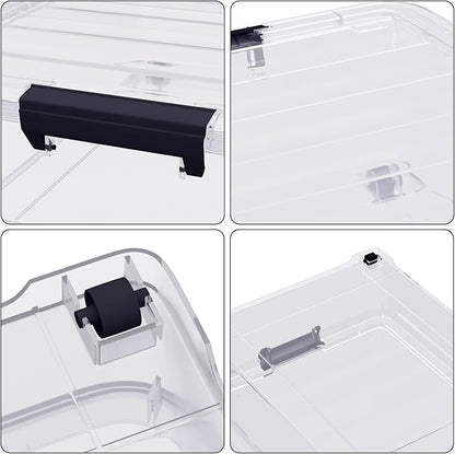 4-Pack 25L Plastic Under Bed Storage Organizer Bin Container with Latch Lids and Wheels, Clothes Storage Box Rolling Underbed, Clear