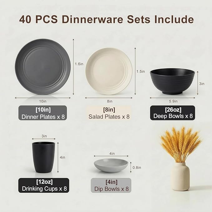 40 Piece Plates and Bowls Sets for 8, Unbreakable Wheat Straw Dinnerware Sets