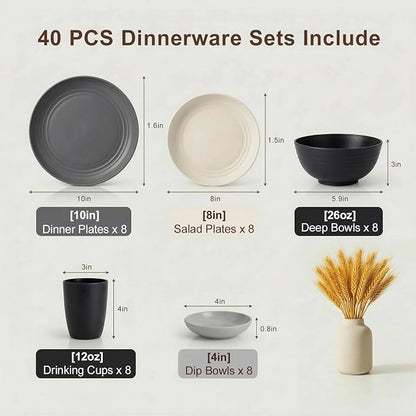 40 Piece Plates and Bowls Sets for 8, Unbreakable Wheat Straw Dinnerware Sets