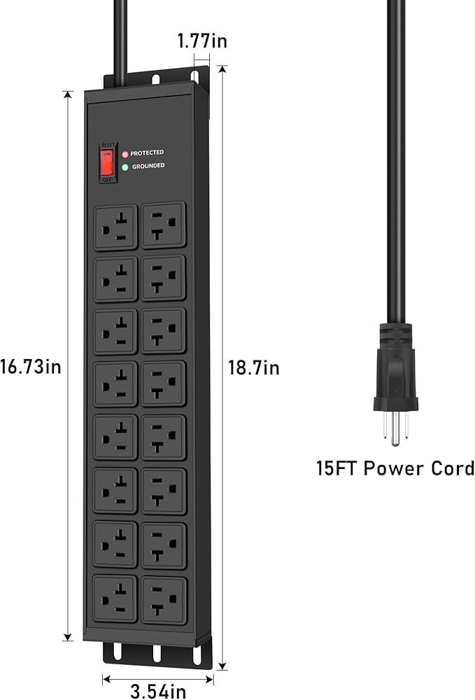 JUNNUJ Heavy Duty 20 Amp Power Strip 4800J, 16 Outlets 12 Gauge Garage Industrial Surge Protector, High Amp 5-15P Adapter Shop 6-20R T-Slot Metal Outlet, 15 FT Extension Cord Commercial for Appliance