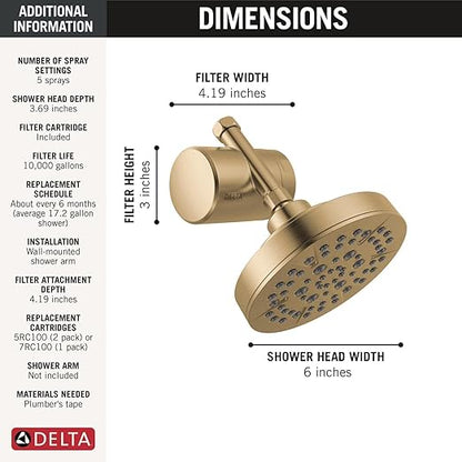 Delta Faucet 5-Setting Shower Head Gold with Clarifi Standard Shower Filter Attachment with Filter