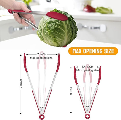 HOTEC Premium Stainless Steel Locking Kitchen Tongs with Silicon Tips, Set of 2-9" and 12"(Red)